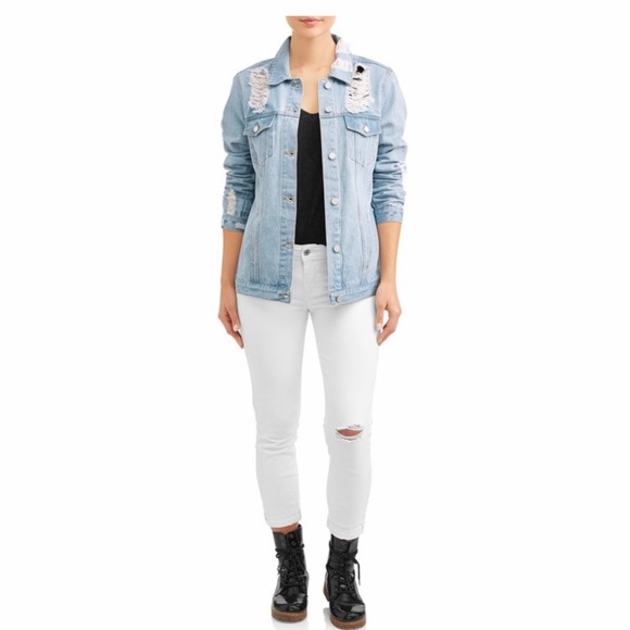 BOOM BOOM JEANS Destroyed Distressed Denim Jacket L - Picture 15 of 16